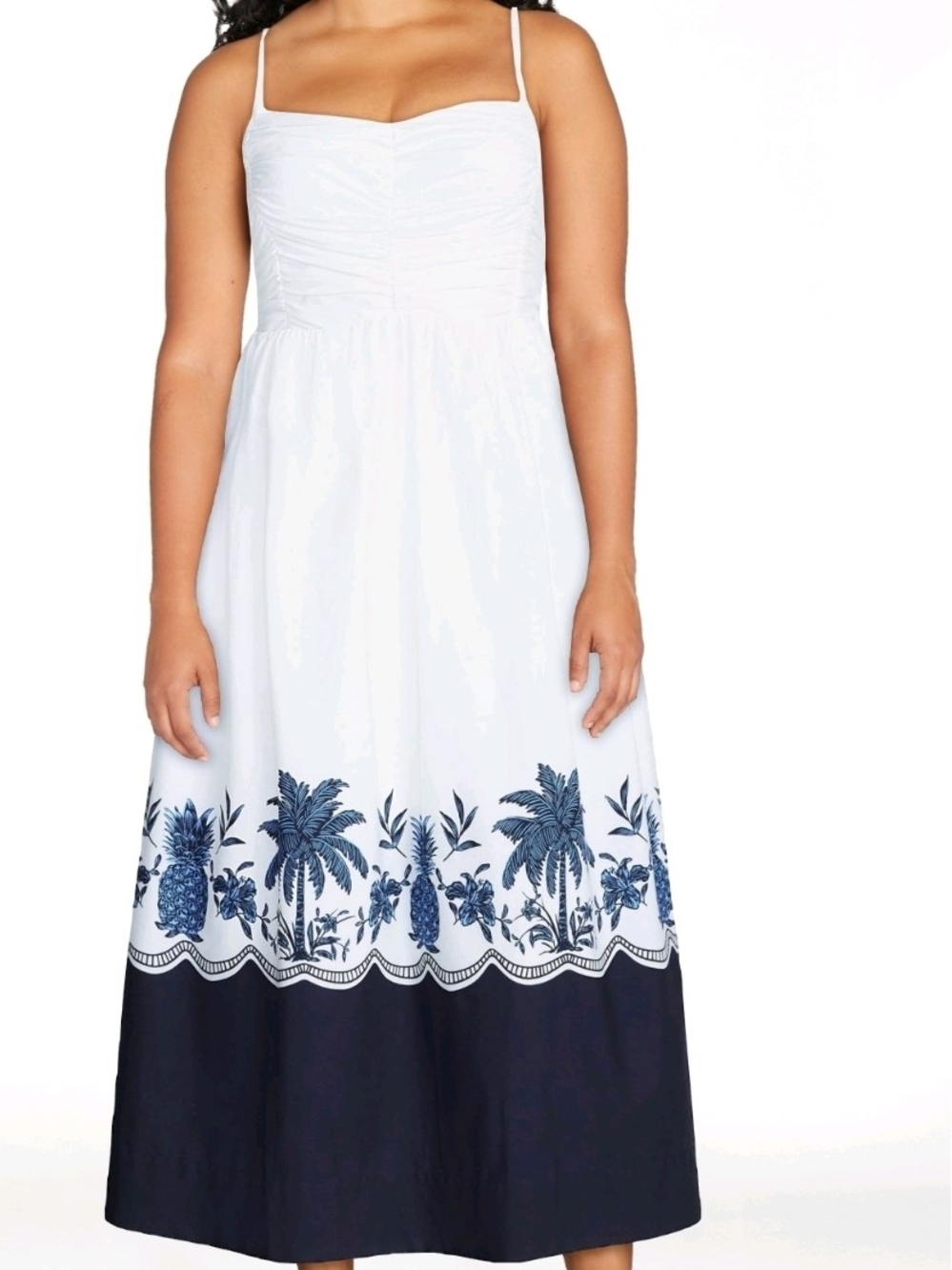 100% Cotton White Maxi Dress with Navy Tropical Border